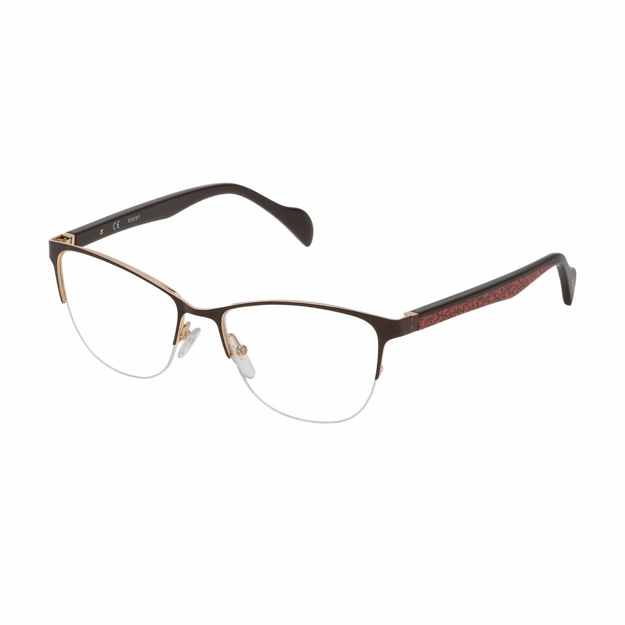 Tous VTO365-08LH shiny brown square women's metal eyeglasses with a stylish half-rim design, perfect for various face shapes.